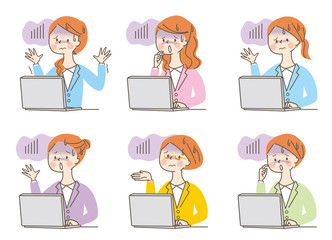 パソコン　怖る　若い女性　スーツ　表情セット