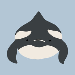 Cute flat killer whale drawing. Adorable little cartoon orca vector illustration. Childish rare animal wild ocean concept with lettering: I must live in the ocean