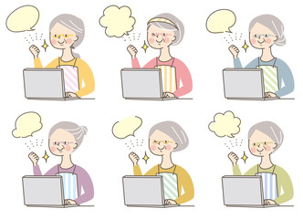 パソコン　ガッツポーズ　シニア女性　エプロン　セット