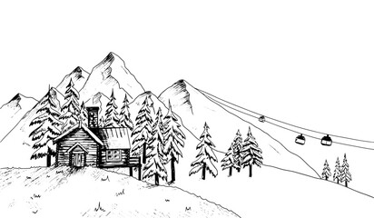 Hand drawn sketch of ski resort. Vector mountains, cute wooden house, forest winter landscape illustration. Holiday hut for recreation ski, snowboard sports. Ink drawing on white background