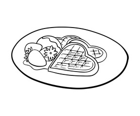 Hand drawn waffle on plate ink sketch. Doodle icon dessert. Outline menu element. Vector waffle heart shape illustration