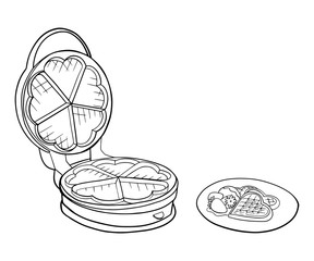 Hand drawn waffle iron ink sketch. Doodle icon kitchenware. Outline element. Vector waffle heart shape illustration