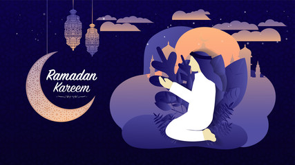Ramadan Kareem or Eid Mubarak Islamic design background with muslim pray upon the sky flat leaf behind pattern moon, mosque and classic lantern.Greeting card, invitation for muslim community.