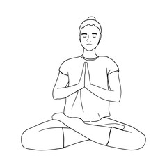 Cartoon girl in yoga lotus pose. Stay home, healthy and keep calm concept. Vector hand drawn illustration. Young and happy woman meditates and practicing yoga.