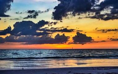 sunset on the beach, sea, sky, water, ocean, beach, orange, blue, gulf, clouds, 