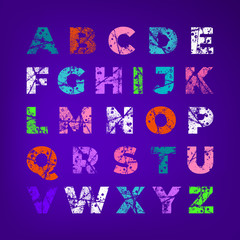 Grunge alphabet font. Abstract handmade sans serif typeface. Set of distress textured letters. Ink splatter surface trace. Vector stock illustration EPS 10