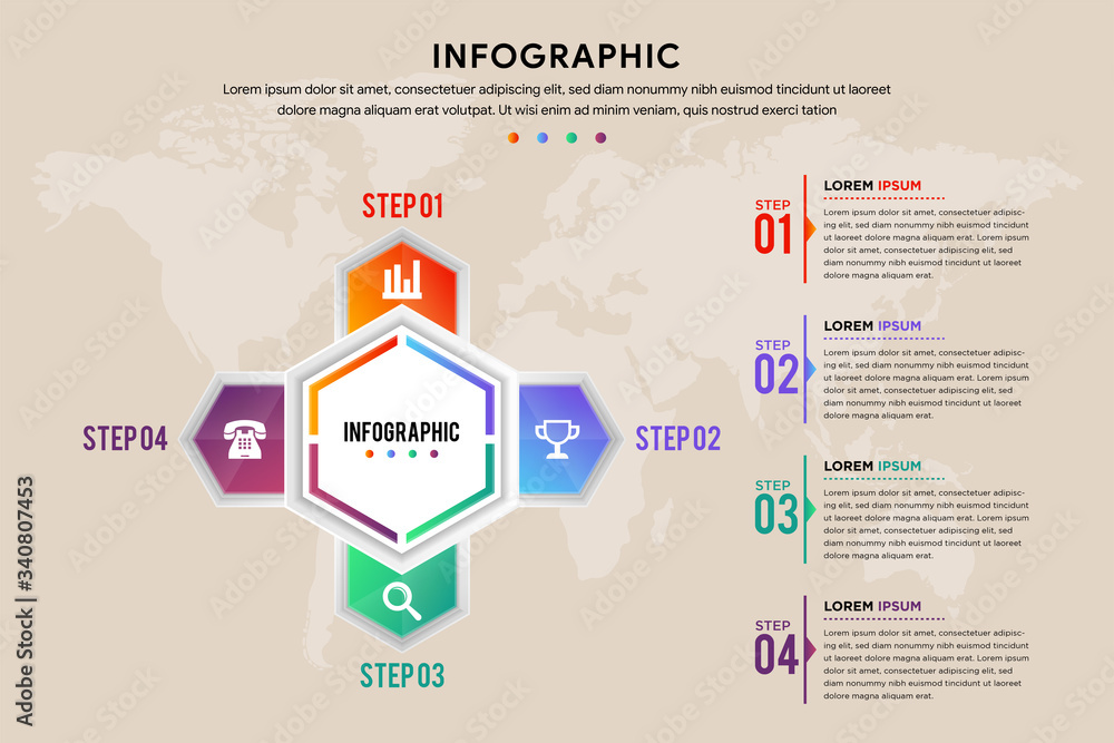 Poster four step of infographic template. hexagon arrow element designs. can be used for workflow layout, d