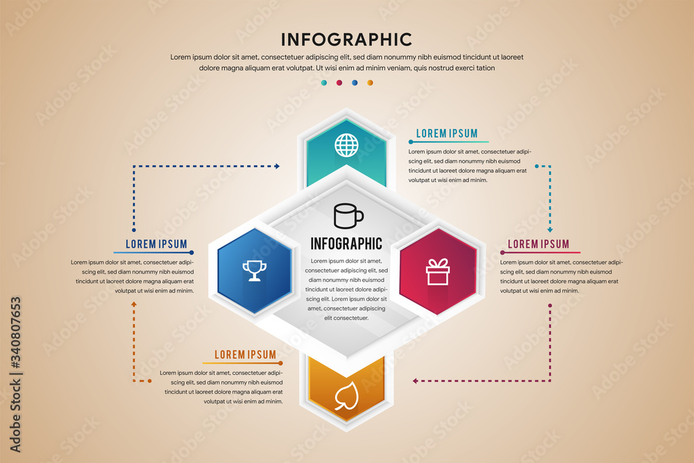 Poster the square flowing of four step of infographic template. hexagon arrow element designs. can be used 