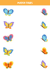 Match pairs of cute flying butterflies. Educational worksheet for kids.