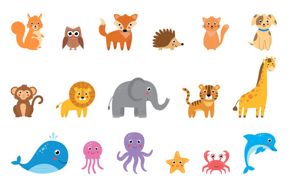 Collection of cute cartoon vector animals on white background.