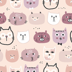 Cute seamless pattern with funny cats. Creative childish texture for fabric, wrapping, textile, wallpaper, apparel. Vector illustration. Pink background.