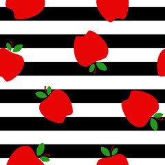 Red apple flat vector illustration with black stripes background seamless pattern