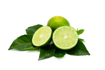 lime slice and leaves on white background