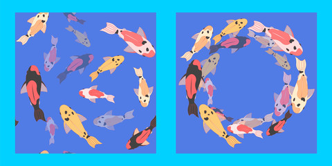 Obraz premium illustration and seamless pattern with a school of multi-colored koi carps on blue background