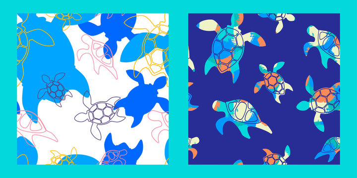 two seamless patterns with bright colorful silhouettes of turtles on a white and blue backgrounds