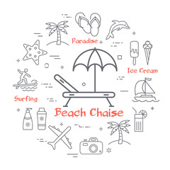 Vector linear concept of summertime and beach chaise icon