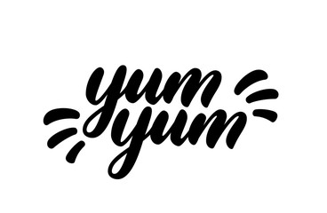 Yum Yum text. Hand drawn lettering in cartoon style. Vector logo design. Calligraphic doodle text design for print.