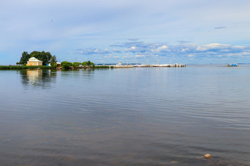 Hydrofoil boats moored at the open coast of Gulf of Finland, in Peterhof (suburb of St. Petersburg), Russia