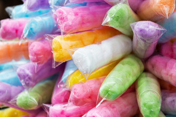 Colourful cotton candy in plastic bag