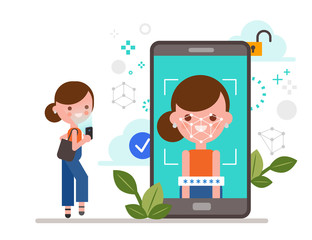 Face ID, facial recognition, biometric identification, Mobile app for face recognition concept. Woman using smartphone to scan her face for personal verification. Flat style vector illustration.