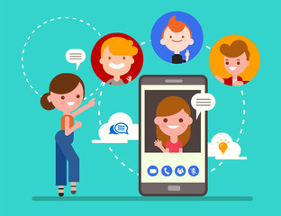 Group of friends chatting online by video call app with smartphone. Social media technology concept illustration. Flat design style cartoon character.