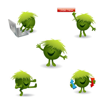 Cute green monster character for games, web pages or business mascot in various poses. Vector illustration.