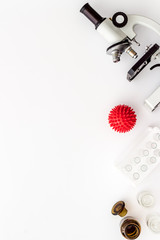 Coronavirus vaccine, research with microscope. White background top view copy space