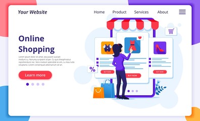Online shopping concept, A woman chooses and buys products in the online mobile application store. Modern flat web page design template for website and mobile development. Vector illustration