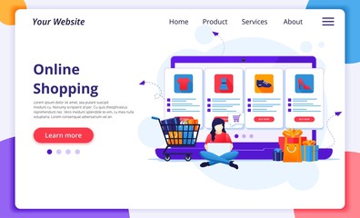Online shopping concept, A young woman buying products in the online store. Modern flat web page design template for website and mobile development. Vector illustration