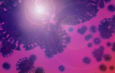 Red COVID-19 virus background with lens flare. 3D render