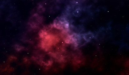 Space background Fantastic outer view with realistic bright stars and cluster of gas clouds. Universe with nebulae, galaxies and star clusters. Infinite cosmic open spaces. Vector illustration