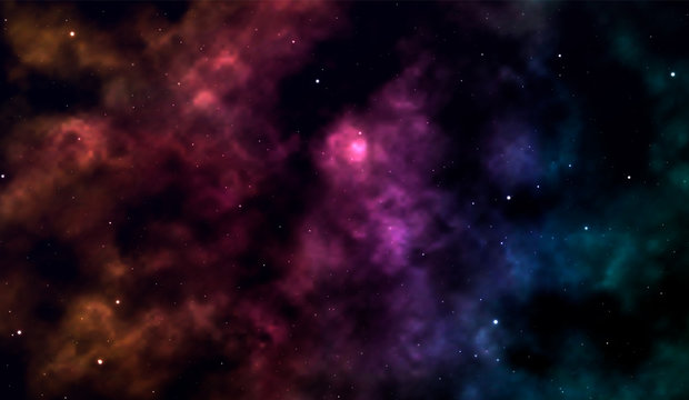 Space background Fantastic outer view with realistic bright stars and cluster of gas clouds. Universe with nebulae, galaxies and star clusters. Infinite cosmic open spaces. Vector illustration © lauritta