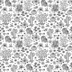 Mexican flora Vector Seamless pattern. Nature of Mexico. Hand drawn doodle Plants, Cactus
