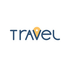 travel word. smart text logo with geolocation marker. blue and orange vector template. traveling symbol. brand identity. business logotype concept for agency and blog. design element