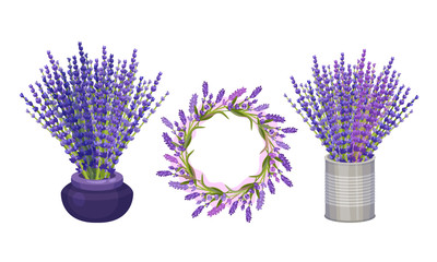 Lavender Floral Twigs Put in Flower Pots and Arranged in Wreath Vector Set