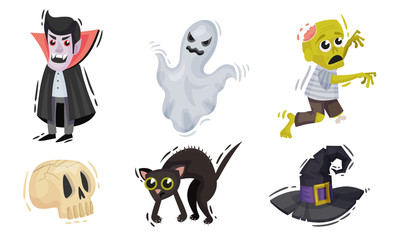 Halloween Attributes and Symbols with Witch Hat and Flying Ghost Vector Set