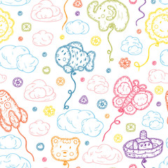 Kids toys. Beach Inflatable Toys. Balloons. Kawaii toy. Hand Drawn doodle clouds, ship, sun, bear, rocket, butterfly, elephant, fish - Vector Seamless Pattern. Cute background for kids
