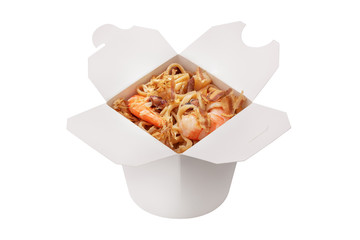 Ready-made food. Chinese cuisine. Wheat noodles. "With seafood". White background. Copy space, isolated.