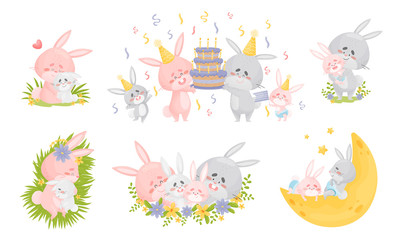 Family of Rabbits with Long Pointed Ears and Red Cheeks Spending Time Together Vector Set