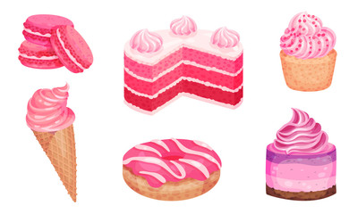 Pink Desserts with Ice Cream and Cupcake with Whipped Cream Vector Set