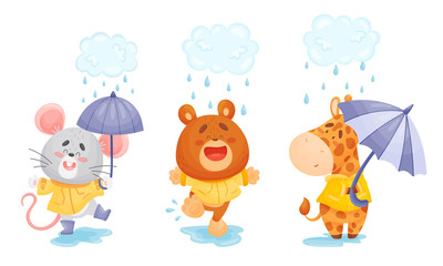 Smiley Animals Wearing Coat Walking in Rainy Day with Umbrella Vector Set