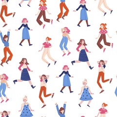 Pattern with girls in different poses. Vector seamless pattern.