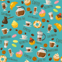 Coffe style seamless pattern with drinks and sweets and lettering.