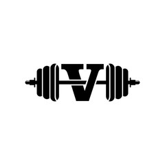 Letter V Fitness Gym Logo Design. Barbel Sports Vector Icon