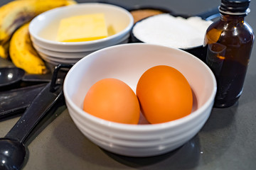 Fresh ingredients for a banana bread recipe