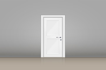 Interior of grey wall with closed door in the center. Classic room concept. Vector Illustration.