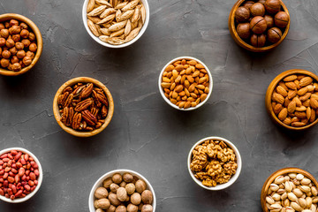 Set of macadamia, hazelnut, walnut, almond, pistachio, pecans nuts on grey background top-down pattern