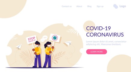 People with banners Stop Covid. Propaganda posters with virus image. Modern flat vector illustration.