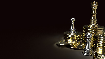 gold king chess on gold coins and silver Pawn  in dark tone 3d rendering for business content.