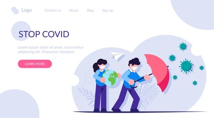 People with an umbrella protects the planet from the virus. Fighting the pandemic. Covid-19. Moden flat vector illustration isolatd on white background.